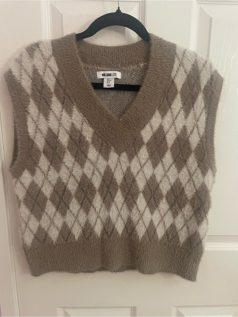 William Rast Taupe and Cream Argyle V-Neck Sweater Vest
